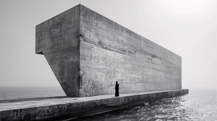 Surreal Architectural Artwork Monoblock Man in Black Clothing stands on a floating Extremely high and oversized superbrutalistic  white Platform above the Sea Wallpaper Digital Art Poster