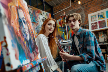 Artistic students with paint and canvas