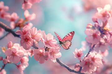 A vivid image showcasing the delicate pink blossoms of spring with a vibrant butterfly gently perched among the petals