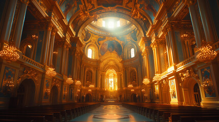 Fototapeta premium A dramatic photograph featuring the iconic dome of a Baroque basilica, with intricate frescoes, gilded decorations, and a celestial ceiling painting, creating a visually enchanting