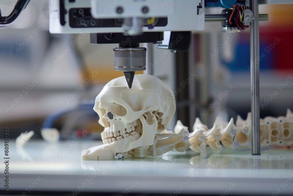Poster high-tech machine creating custom implants for a skeleton, a 3d printer creating custom implants in 