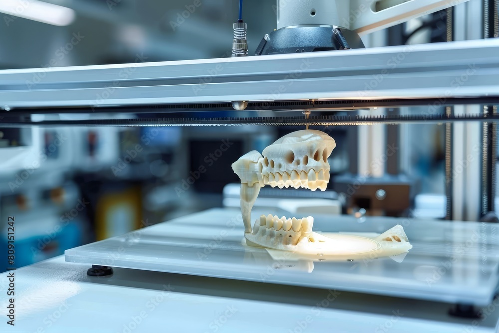 Poster a 3d printer in action, creating a skeleton model in a high-tech setting, a 3d printer creating cust