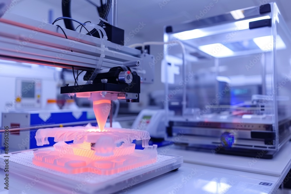 Poster a 3d printer working on creating custom implants in a high-tech lab, a 3d printer creating custom im