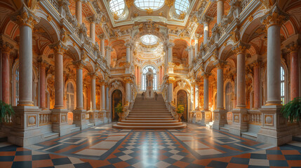 An immersive photograph showcasing the majestic colonnades and grand staircase of a classical Baroque palace, with ornate façades, sculpted gardens, and a regal fountain, creating