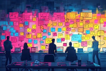 a group of professionals engaged in a brainstorming session, with colorful sticky notes, whiteboards, and sketches covering the walls. exchange of ideas and creativity at the company.