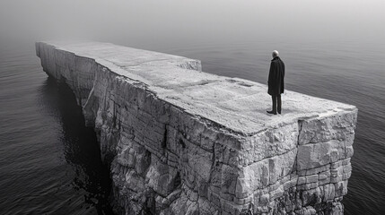 Surreal Architectural Artwork Monoblock Man in Black Clothing stands on a floating Extremely high and oversized superbrutalistic  white Platform above the Sea Wallpaper Digital Art Poster