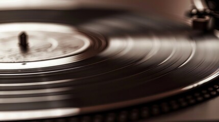 Closeup of a turntable playing vinyl. Shallow depth of field