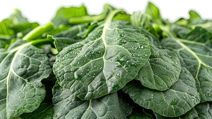Obraz premium Fresh and healthy green kale leaves with water drops.