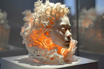 Intricate sculpture depicting a womans head adorned with flowers, A 3D printer creating intricate sculptures with precision