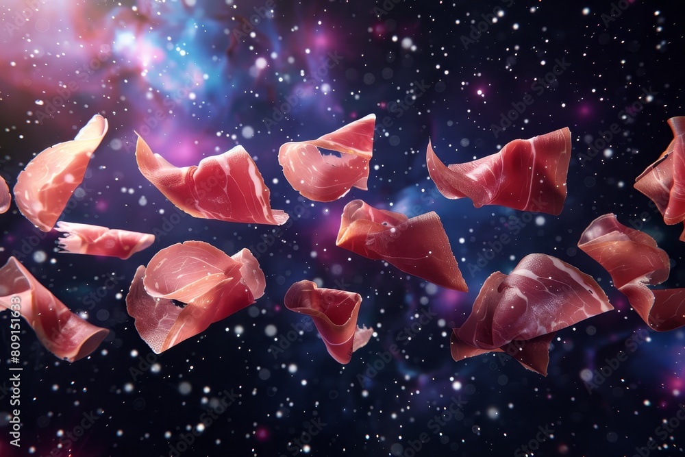 Aufkleber prosciutto slices being tossed through the air in a chaotic motion, a 3d rendering of prosciutto sli