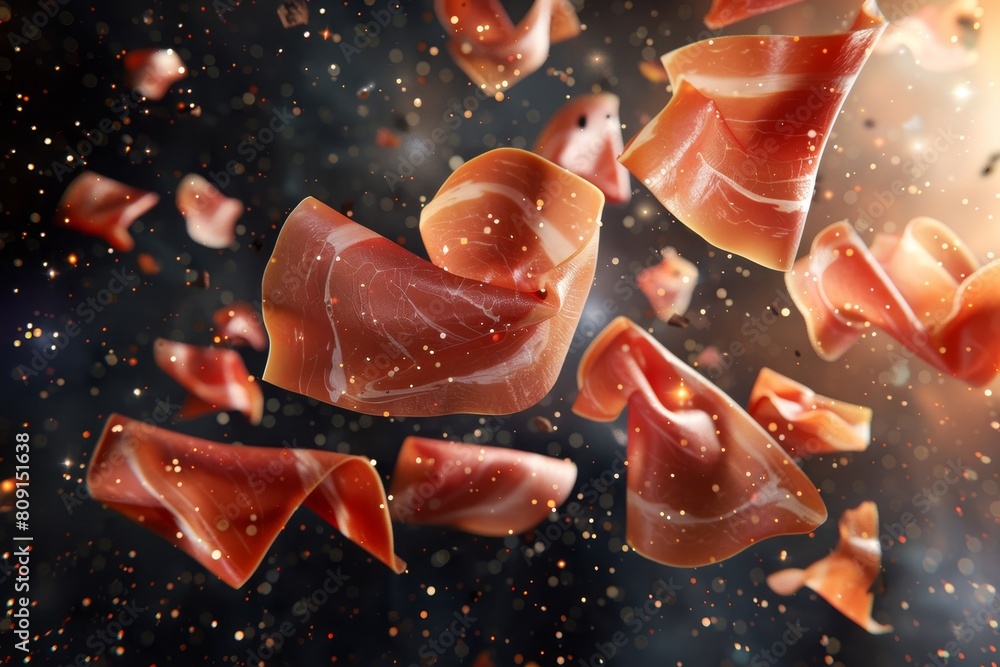 Aufkleber rendered prosciutto slices suspended mid-air in a chaotic motion, a 3d rendering of prosciutto slice