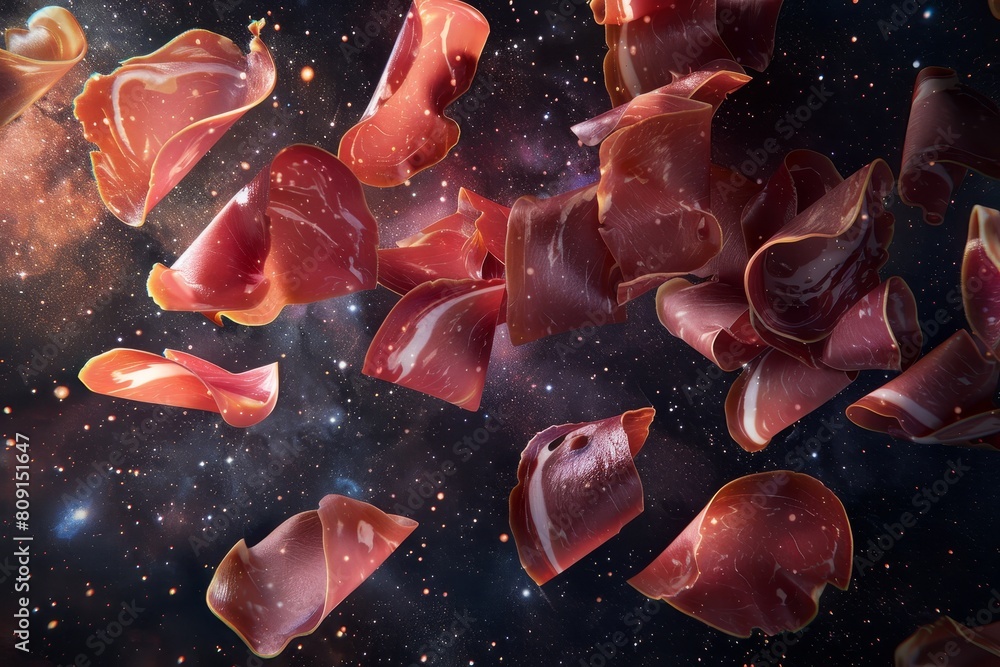 Aufkleber prosciutto slices in mid-air, a 3d rendering of prosciutto slices floating in a cosmic space