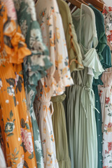 Summer dresses assorted, variety of trendy female dress. Closeup background for clothes store.