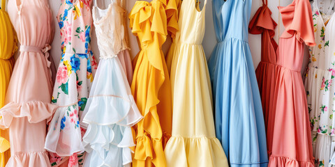 Summer dresses assorted, variety of trendy female dress. Closeup background for clothes store.