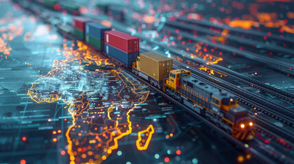 Obraz premium Freight Train Transporting Cargo on Map Illustrating Global Trade Routes