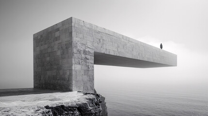 Surreal Architectural Artwork Monoblock Man in Black Clothing stands on a floating Extremely high and oversized superbrutalistic  white Platform above the Sea Wallpaper Digital Art Poster