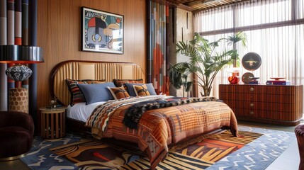 Generate a photo of a mid-century modern bedroom with a king-sized bed, two nightstands, a dresser, and a large area rug
