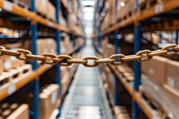 A chain in a warehouse with boxes on shelves - Powered by Adobe
