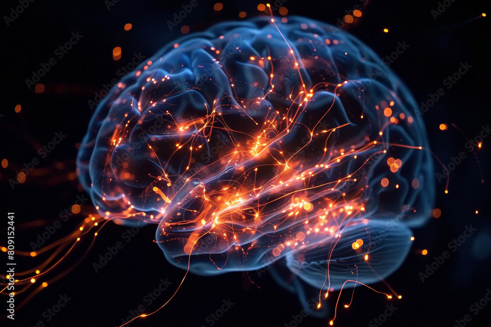 Poster a computer generated image of a brain with lights coming out of it