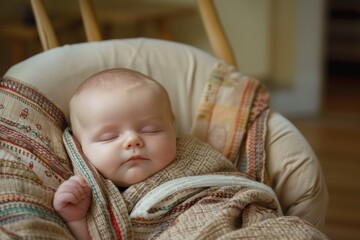 A baby peacefully sleeps wrapped in a cozy blanket on a chair, A baby wrapped snugly in a soft swaddle, peacefully napping in a rocker