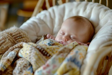 A baby peacefully sleeps in a crib wrapped in a blanket, A baby wrapped snugly in a soft swaddle, peacefully napping in a rocker