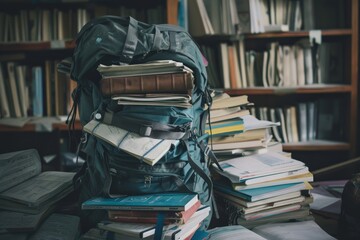 Numerous books arranged neatly in a pile on a wooden table, A backpack overflowing with textbooks...