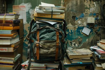 A large backpack filled with textbooks and supplies placed on a stack of books, A backpack overflowing with textbooks and supplies
