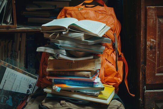 A pile of books is stacked on top of a backpack filled with textbooks and supplies, A backpack overflowing with textbooks and supplies