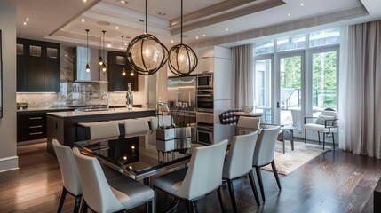 Design a modern dining room with a large glass table, white leather chairs, and a dark wood floor. The room should have two large windows and a black marble accent wall.