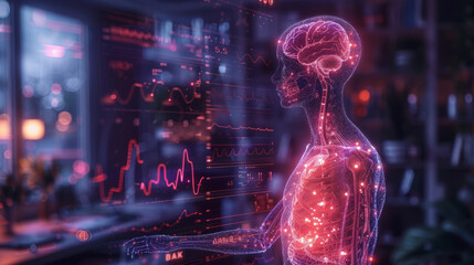  Futuristic Digital Human: Neural Network and Data Stream Visualization