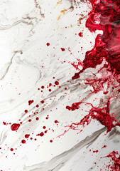 Abstract background featuring crimson splashes of ink on white marble with bronze ripple veins