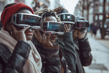 A group of people are wearing virtual reality goggles