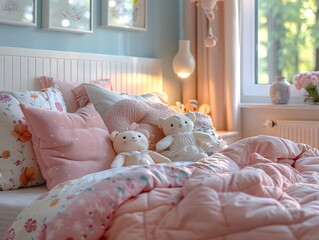 The bedroom is cute and organized. Decorated with pastel tones. The view of the park outside in the morning is very beautiful. Ideal for use as design inspiration for designers or property owners.