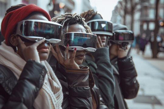 A group of people are wearing virtual reality goggles