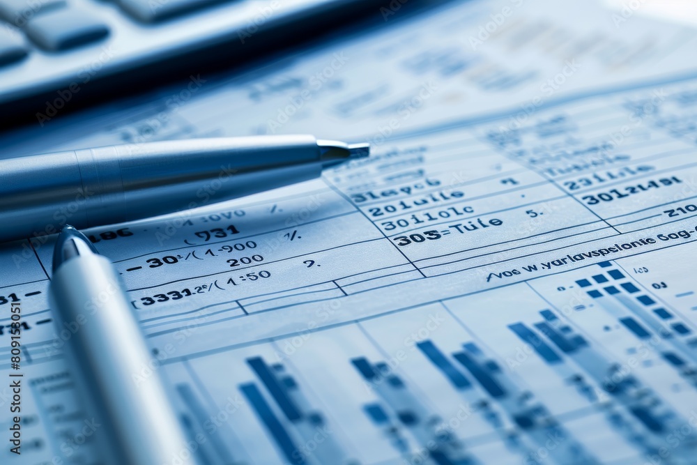 Poster a pen and a calculator placed on a sheet of paper showing a balance sheet with assets and liabilitie