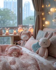 The bedroom is cute and organized. Decorated with pastel tones. The view of the park outside in the morning is very beautiful. Ideal for use as design inspiration for designers or property owners. - obrazy, fototapety, plakaty