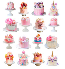 Ultimate set of different beautiful pink colored modern cakes. Delicious and tender desserts for...