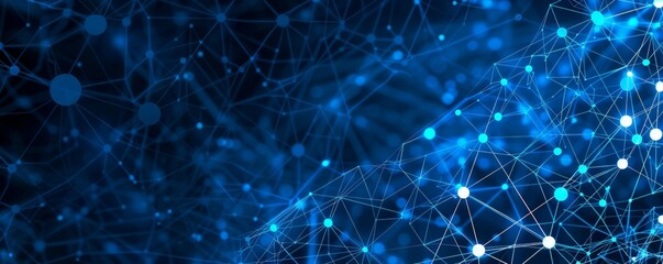 Blue abstract background featuring intersecting lines and scattered dots in various shades of blue