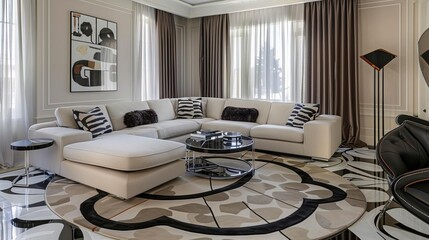 Design a modern living room with a large white sectional sofa, black marble floors, and a colorful area rug