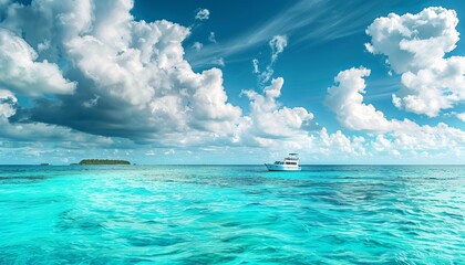 A vibrant ocean landscape showcasing a white yacht sailing the turquoise waters among scattered...