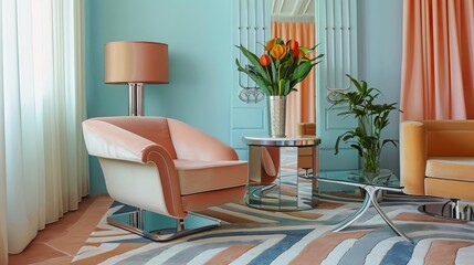 Design a modern living room interior with a retro twist