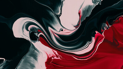 An abstract background in black and red colors, fluid shapes of acrylic paint. Layers and transparencies to create depth and texture in the composition. - obrazy, fototapety, plakaty