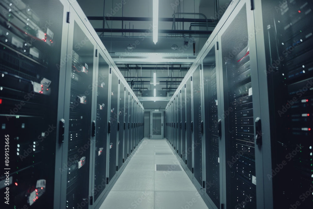 Poster a row of servers in a server room with a red light on the right