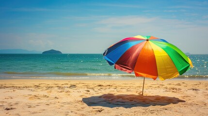 a colorful beach umbrella casting its shade on pristine white sand, against the backdrop of azure skies and crystal-clear turquoise waters, embodying the quintessential essence 