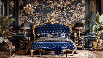 Vintage Style Bedroom with Elegant Blue and Gold Decor, Luxurious and Stylish Interior Design
