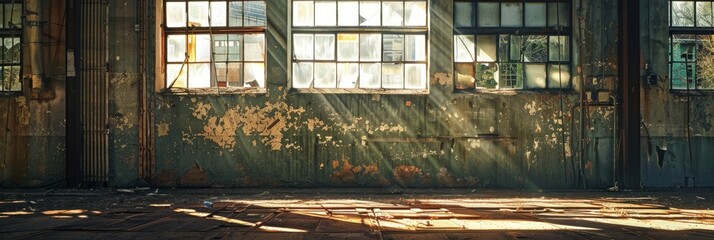 Sunlight Streaming Through Abandoned Industrial Warehouse A Study in Decay and Solitude