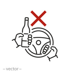 stop alcohol in car icon, prohibition drunk driving, don't drink and drive, wine bottle with car wheel, thin linear vector illustration
