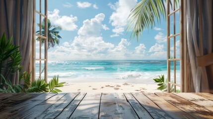 A beach scene with a view of the ocean and palm trees. Scene is peaceful and relaxing