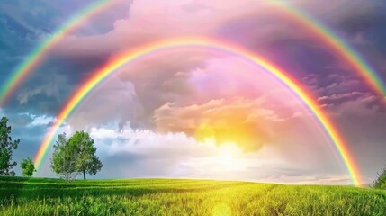 a vibrant rainbow arching over a picturesque farm landscape, where a tranquil lake reflects the colorful sky of a summer sunset, amidst lush trees and the glow of a sunny day.