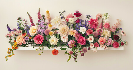 bouquet Of mix Flowers on coloured shelf, ivory background